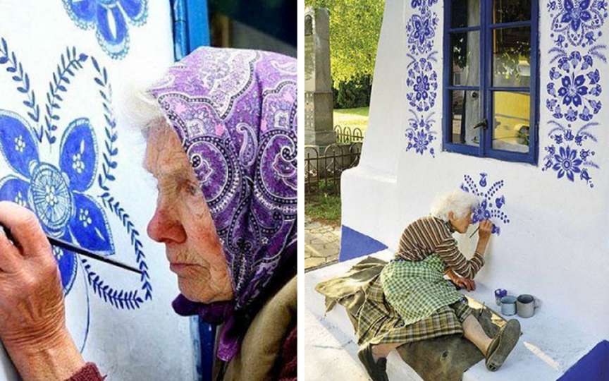 La 90 de ani, o bunicuță pictează inedit casele din localitatea în care se află